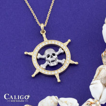 Load image into Gallery viewer, Pirate Pendant Necklace - Skull and Captain Wheel - Danger Ahead - 14K TT gold diamonds