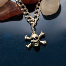 Load image into Gallery viewer, Skull and Cross bone charm on o ring - Sterling Silver - Pirate Jewelry