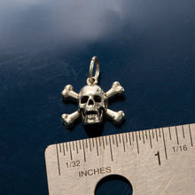 Load image into Gallery viewer, Skull and Cross bone charm on  o ring - Sterling Silver - Pirate jewelry pirate charm nautical charm
