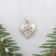 Load image into Gallery viewer, snowflake necklace heart necklace snowflake heart with blue sapphire sterling silver snowflake jewelry