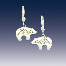 Load image into Gallery viewer, bear mountain earrings sterling silver and 10K yellow gold leverback bear fetish earrings