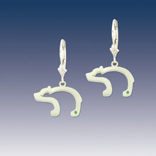 Load image into Gallery viewer, bear silhouette earrings with green crystal leverbacks bear earrings