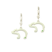 Load image into Gallery viewer, bear silhouette earrings with green crystal leverbacks bear earrings