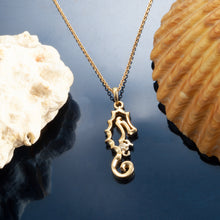 Load image into Gallery viewer, Diamond Seahorse and baby necklace seahorse pendant 14K gold seahorse with diamond baby seahorse seahorse jewelry