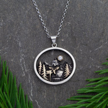 Load image into Gallery viewer, Mountain Necklace with moose, trees and Moon - sterling silver with 10K YG and crystal moose jewelry mountain Jewelry