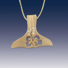 Load image into Gallery viewer, Whale Tail Necklace with Diamonds and Hibiscus flower cutout - Whale Jewelry Sea Life Jewelry