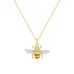 Bee Pendant Necklace - 14K Gold with Black & White Diamonds - Bee Jewelry