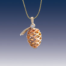 Load image into Gallery viewer, rose gold and yellow gold pine cone necklace  with diamond nature inspired jewelry
