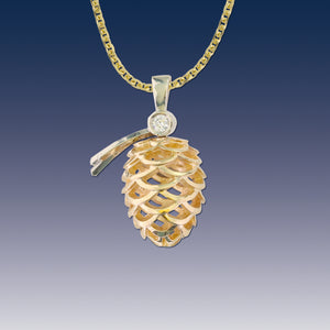 Diamond Pine Cone Pendant Necklace - 14K Gold with Diamond - Nature Jewelry