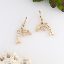 Load image into Gallery viewer, diamond dolphin earrings in 14K yellow or white gold with diamonds dolphin jewelry
