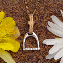 Load image into Gallery viewer, Horse Stirrup Pendant - English Stirrups and Leathers - 14K TT gold with diamonds
