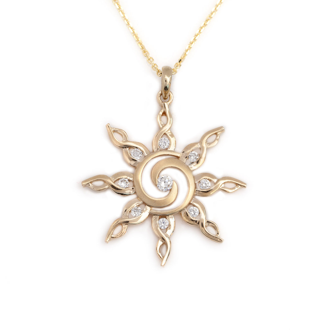 Sun Pendant Necklace - Spiral Sun - 14K gold with diamonds