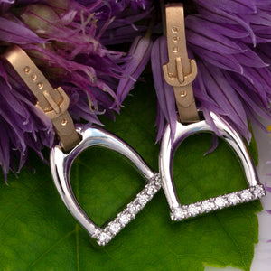 Horse Stirrup Earrings English Leather - 14K TT Gold diamonds