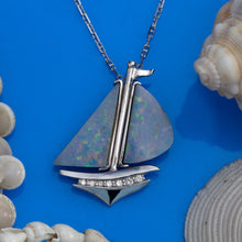 Load image into Gallery viewer, Opal Inlay Gold and Diamond Sail Boat Necklace - Nautical Necklace - Sail Boat Jewelry
