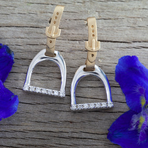 Horse Stirrup Earrings English Leather - 14K TT Gold diamonds