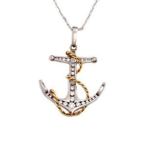 Anchor Pendant Necklace - 14K TT Gold and Diamonds  lARGE- Nautical Jewelry Ocean Jewelry