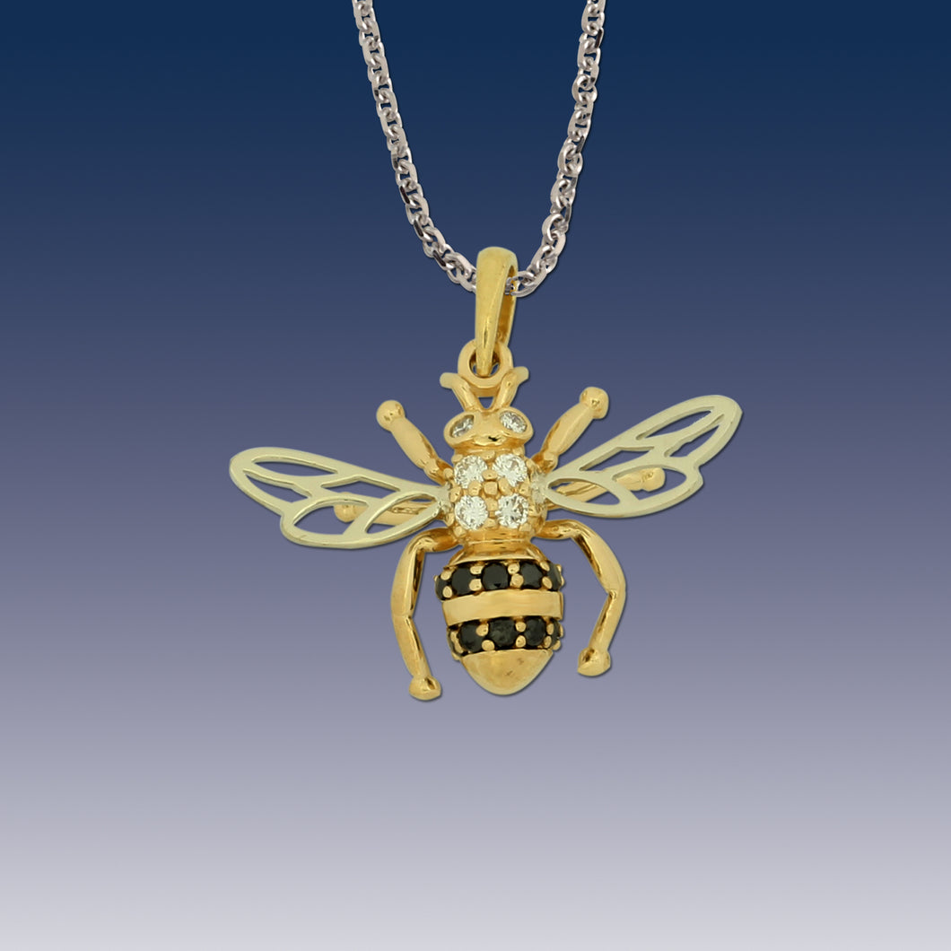 Bee Pendant Necklace 14K TT gold black and white diamonds Bee Jewelry