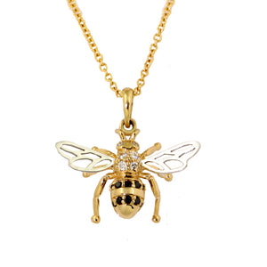 Bee pendant Necklace 14K TT gold black and white diamonds Bee Jewelry