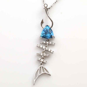 Bone Fish Necklace with Trillion Blue Topaz  and Diamonds - Fish Necklace Fish Jewelry