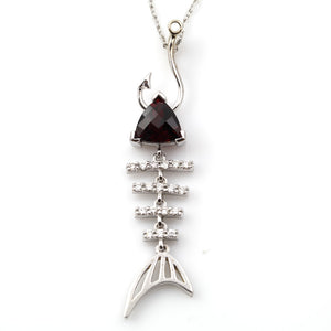 Bone Fish Necklace with Trillion Red Garnet and Diamonds - Fish Necklace Fish Jewelry