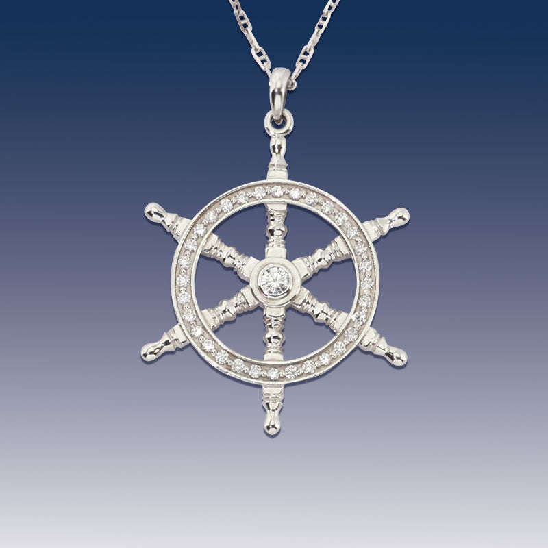 Captain Wheel Pendant Necklace - 14K WG with Diamonds