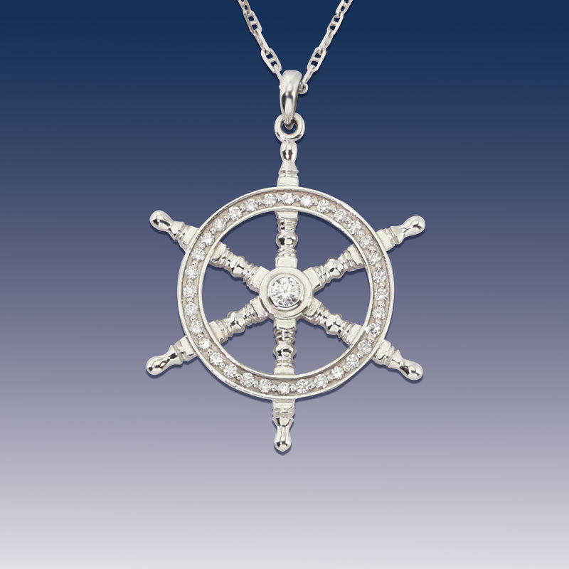 Captain Wheel Necklace Gold and diamond ship wheel pendant