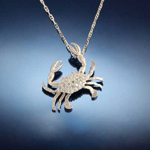 Crab Pendant Necklace - Diamond Pave -14K White gold with Pave diamonds