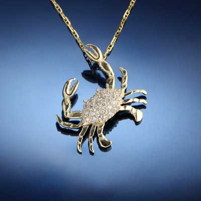 Crab Necklace - gold and pave diamond crab pendant - crab jewelry