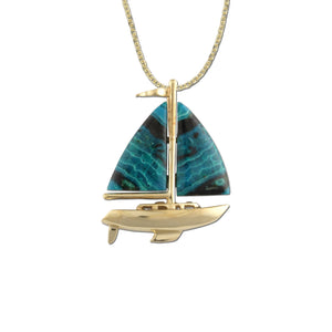 Sailboat Necklace Crysacola Inlay in 14K YG Sailboat Jewelry Nautical Jewelry