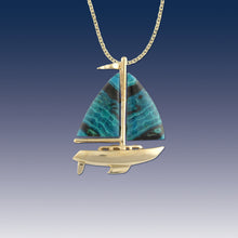 Load image into Gallery viewer, Sailboat Necklace Crysacola Inlay in 14K YG Sailboat Jewelry Nautical Jewelry
