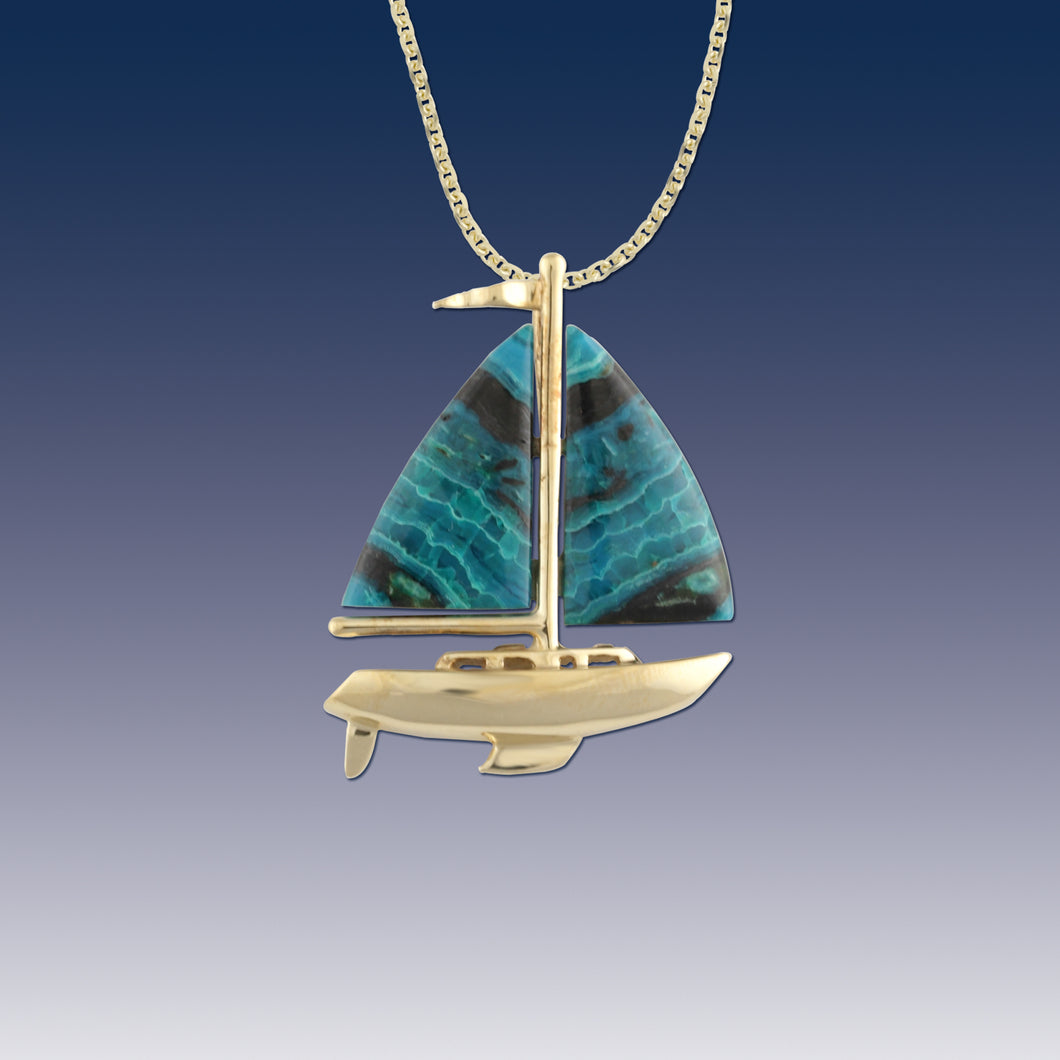Sailboat Necklace Crysacola Inlay in 14K YG Sailboat Jewelry Nautical Jewelry