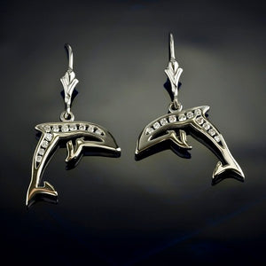 diamond dolphin earrings in 14K yellow or white gold with diamonds dolphin jewelry