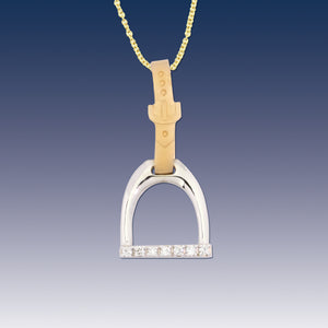 Horse Stirrup Pendant - English Stirrups and Leathers - 14K TT gold with diamonds Horse Necklace Horse Jewelry