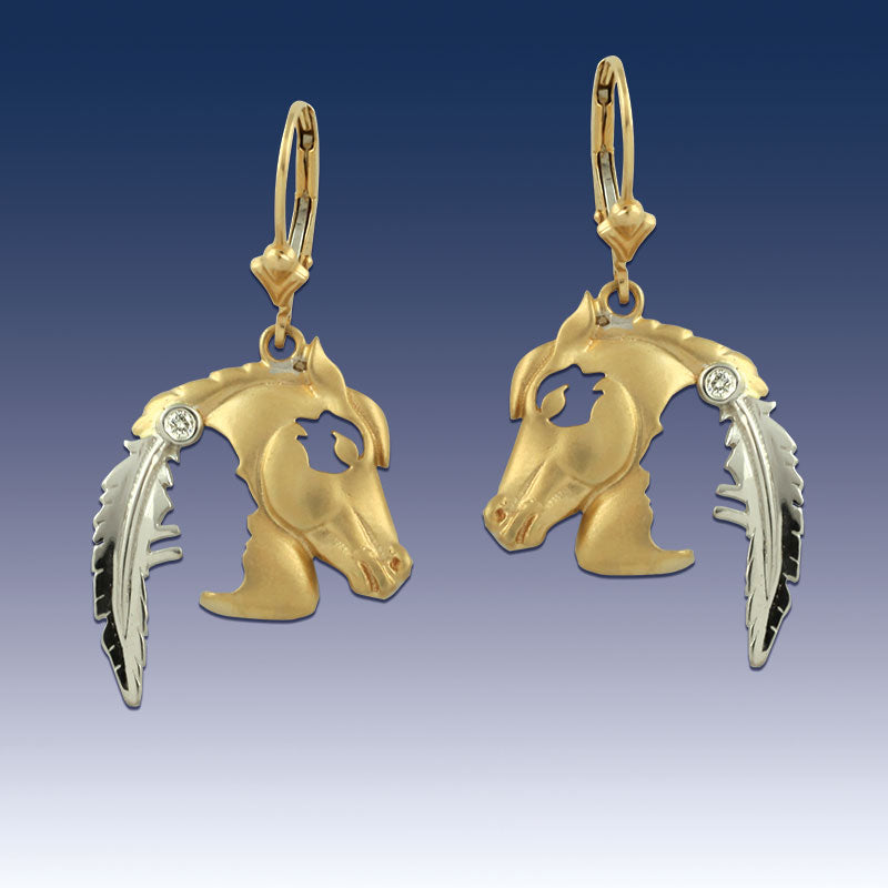 Horse Earrings with Indian Head Silhouette Gold - 14K TT Gold Diamonds