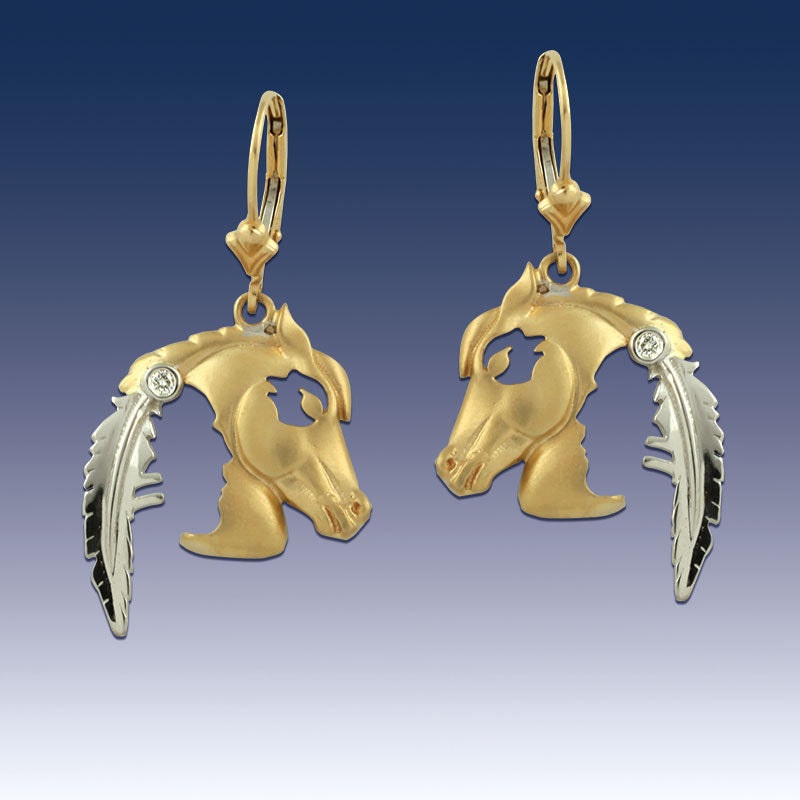 Horse Earrings with Indian Head Silhouette - 14K Gold with Diamonds - Horse Jewelry