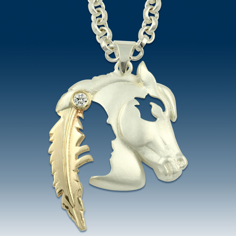 Horse Pendant Necklace with Indian Head Silhouette with 10K YG and Crystal
