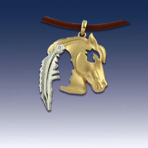 Horse Pendant Necklace with Indian Head Silhouette Gold - 14K TT gold Diamond