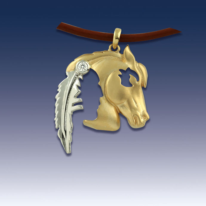 Horse Pendant Necklace with Indian Head Silhouette Gold - 14K TT gold Diamond