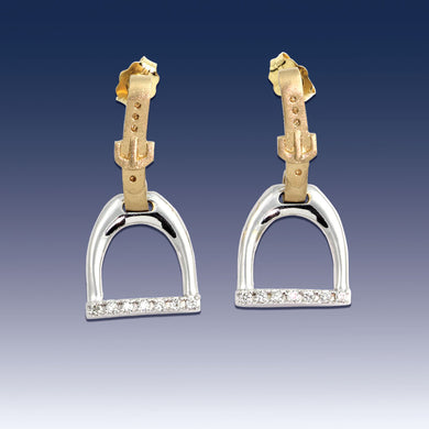 Horse Stirrup Earrings English Leather - 14K TT Gold diamonds