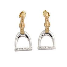 Load image into Gallery viewer, Horse Stirrup Earrings English Leather - 14K TT Gold diamonds
