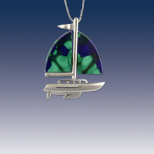 Load image into Gallery viewer, Malachite Azurite Sail Boat Necklace 14K white gold with malachite azurite inlay nautical Jewelry sailboat Jewelry
