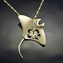 Load image into Gallery viewer, manta ray necklace - 14K yellow and white gold with diamonds with hibiscus cut out - manta ray jewelry sea life jewelry
