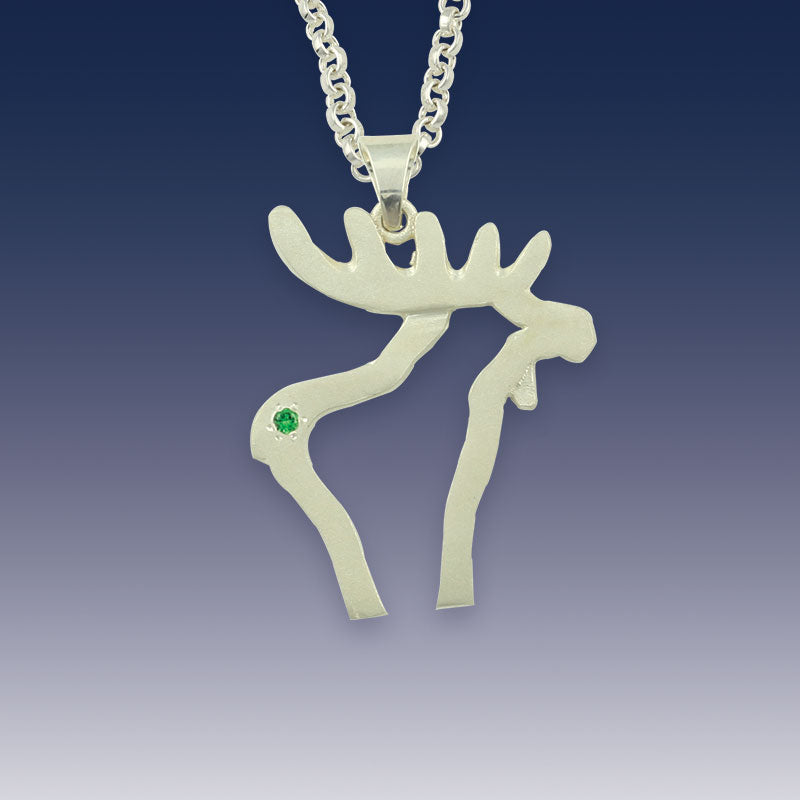 Moose Silhouette Pendant Necklace - Sterling Silver with Green Crystal - Moose Jewelry