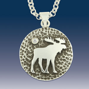 Moose Pendant Necklace - Moose Disk -  Sterling Silver Crystal