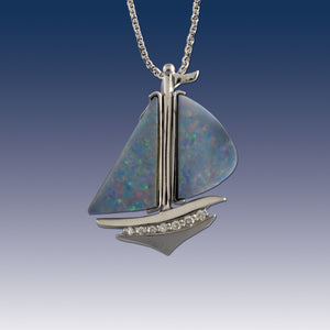 Opal Inlay Gold and Diamond Sail Boat Necklace - Nautical Necklace - Sail Boat Jewelry