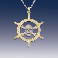 Load image into Gallery viewer, Pirate Pendant Necklace - Skull and Captain Wheel - Danger Ahead - 14K TT gold diamonds 
