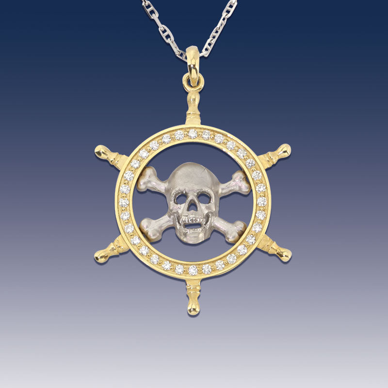 Pirate Pendant Necklace - Skull and Captain Wheel - Danger Ahead - 14K TT gold diamonds 