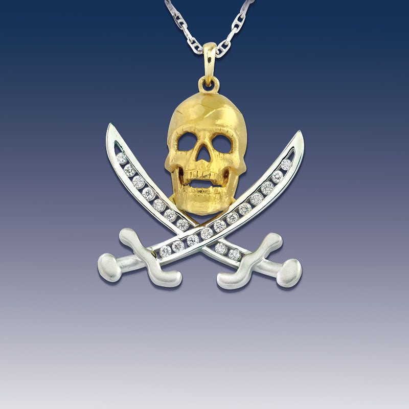 Pirate Pendant Necklace - Captain Jack Skull and Sword - 14K TT Gold and DiamondssPendant