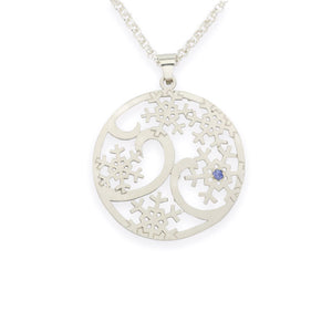 Snowflake Pendant Necklace - Snowflake Flurry - Domed Swirl Snowflake Sterling Silver Blue Sapphire