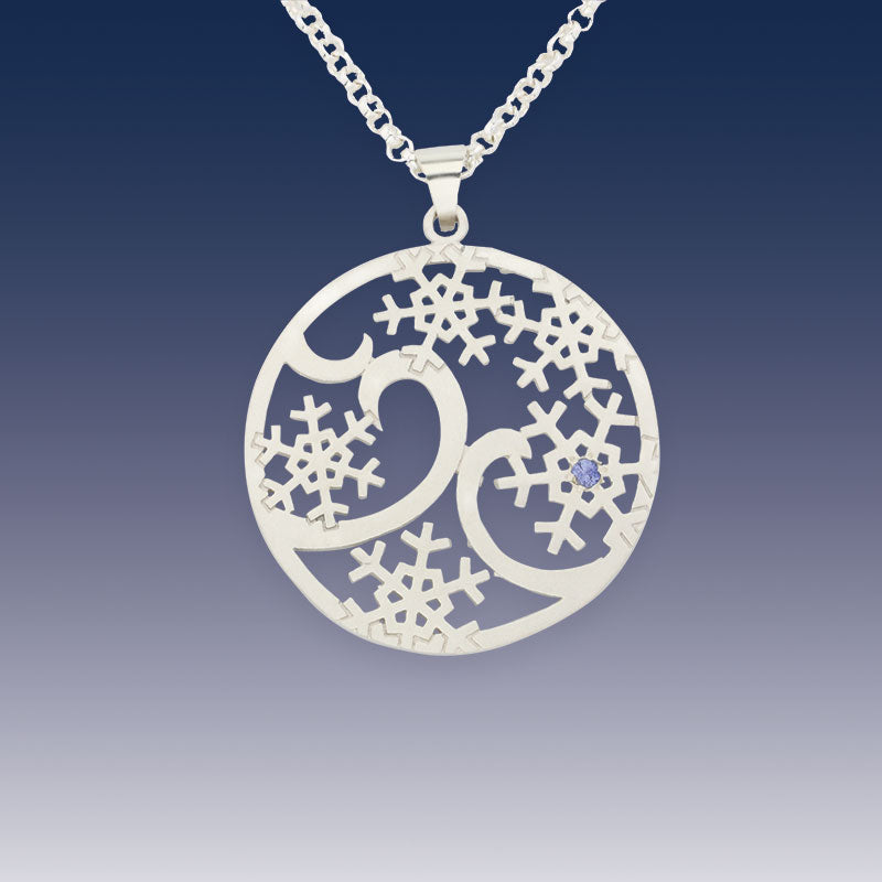 Snowflake Pendant Necklace - Snowflake Flurry - Domed Swirl Snowflake Sterling Silver Blue Sapphire